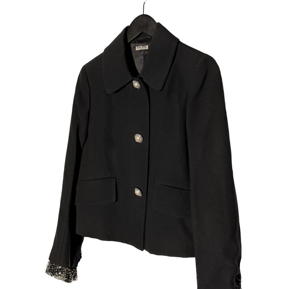 Miu Miu 2018 Pearl Buttons Crystal Lace Cuffs Black Blazer - Picture 2 of 11